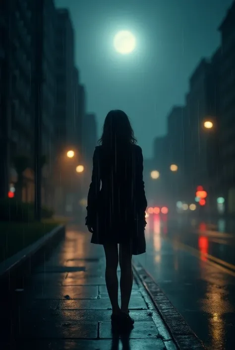 (photorealism:1.2), woman, standing in the side of the street, raining, at night, back view, moonlight, city building, rain drops, wet road with reflection, rain, 