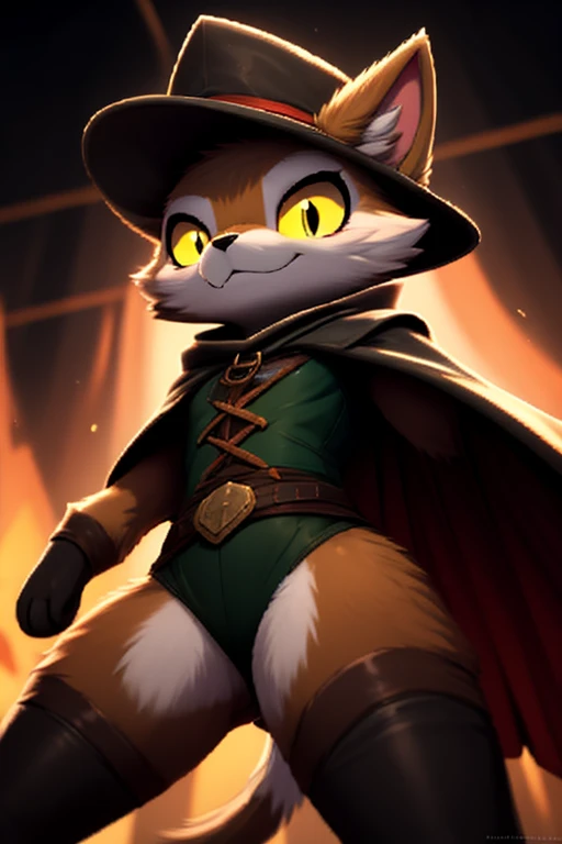 1girl, cat, anime, furry, medieval puppeteer clothes, dark green cape, dark green triangular hat with small red feather, muddy swamp color fur, yellow sclera, black pupil, low-angle view, a ferocious mockery, evil character, abstract stage background