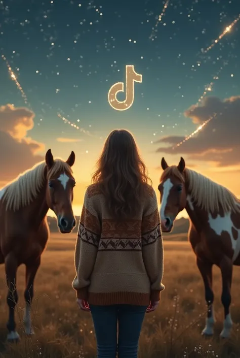 A small brown and white sweater 
A woman with her back and her horses tied up
Tiktok symbol in the clouds
Sabine and Lilas
Shooting stars