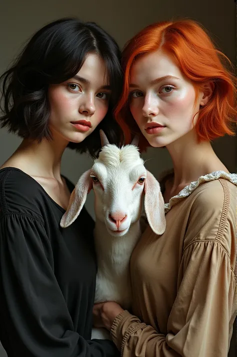 two redheaded women.
One with short black hair
One with short white hair.
A goat between them 
