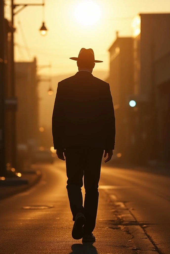 photograph of Heidegger-style Dasein authentic being towards death person walking to work in the morning in Bisbee, Arizona, with sun lighting face, feeling alone in life