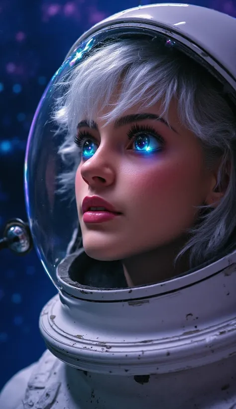  Close-up of an improved masterpiece:1.5)0.9], (Space and astronauts:1.2) ( Messy silver hair :1.1) ( Heterochromia: xanthochromia and blue eyes :1.2) (space helmet:1.0) ( colorful stars in the eyes :1.0) (A radiant glow:1.1) (thick lips:0.9)