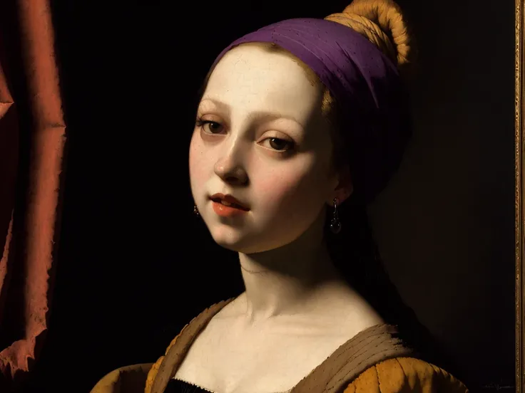 [shoulder portrait :  young girl , ruddy, in the style of pin-up:16]:[Dark Studio, Middle Ages, black background, crimson sunset , renaissance, 16th century , ((Jan Vermeer style, Andrea del Sarto))], perspective,  hyper-detail, Deep extract 