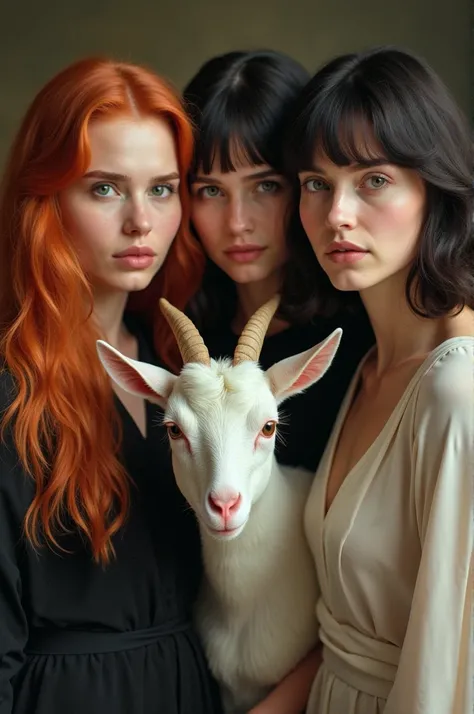 There are 4 women
TWO red-haired women.
One with short black hair
One with short white hair.
A goat between them 
