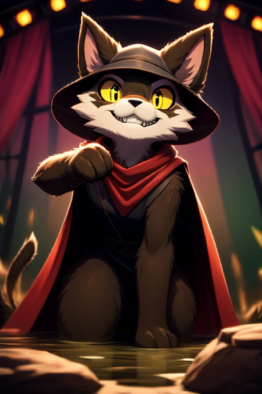 1girl, cat, anime, furry, medieval puppeteer clothes, dark green cape, dark green triangular hat with small red feather, muddy swamp color fur, a mocking grin, yellow sclera, black pupil, low-angle view, a ferocious mockery, evil character, abstract stage ...