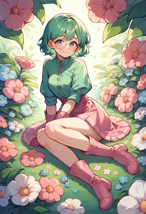 cute beautiful teen girl with short green hair, blue eyes, green shirt, pink skirt, pink gloves, pink boots, round glasses, cute shy smile, with flowers, no background