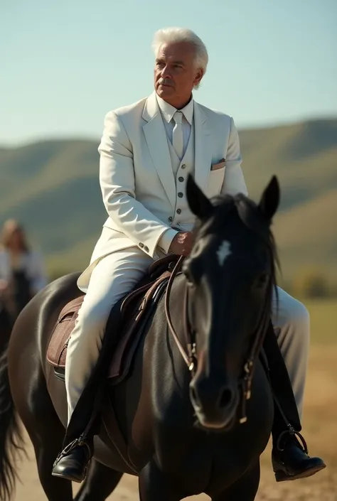 white-haired man in white suit and black horse