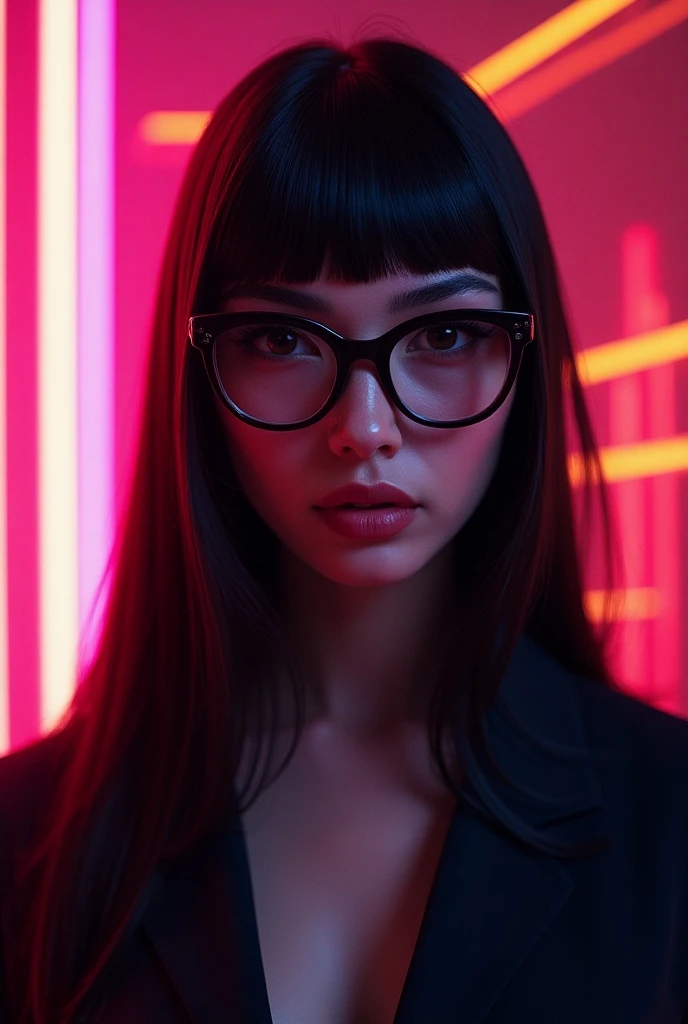 Image of a woman with large straight hair wearing glasses written on the image  "The Power of Knowledge" ,  creative, flashy neon 