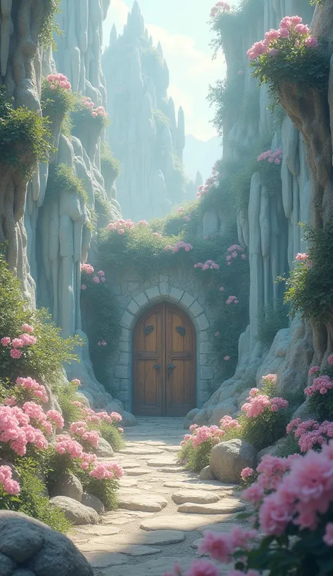 A dreamy, ethereal landscape filled with soft pink crystalline formations and cascading rocks, creating an otherworldly path. A rustic, aged wooden door stands in the middle, surrounded by blooming flowers and lush greenery, as if leading to a magical real...