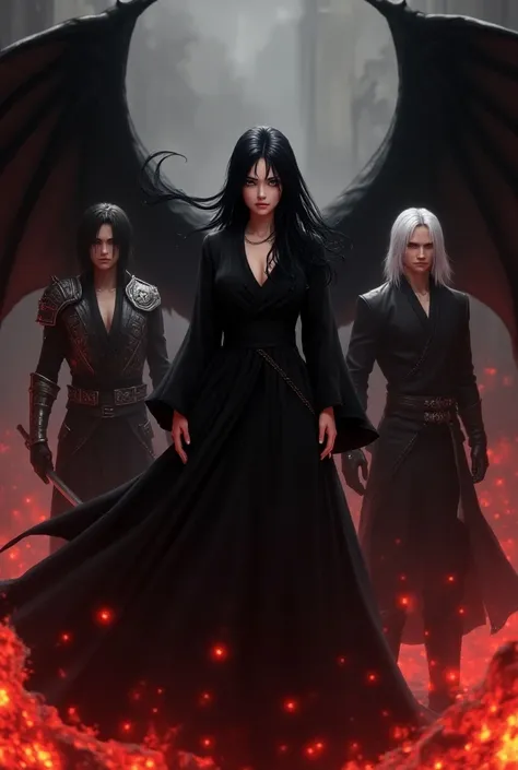  Sarada Uchiha 25-year-old queen of Hell ,  long black hair , medieval black dress ,  black wings with 2 23-year-old youths dressed as muscular demonic knights, uno con  long black hair  y otro con cabello blanco corto,  a 28-year-old king with long white ...