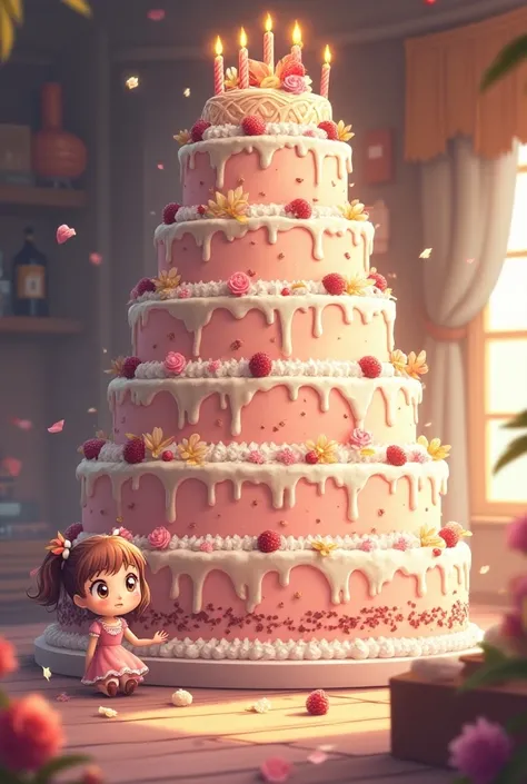 Generates an anime girl enjoying her birthday with a giant cake 