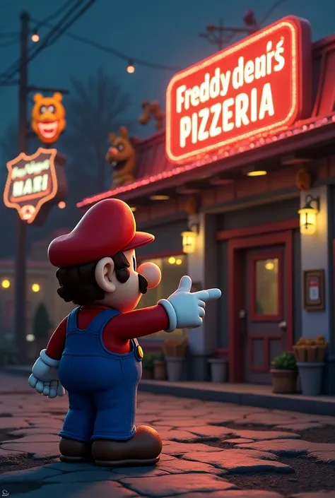 Mario points a pizzeria called Freddy fazbears Pizzeria