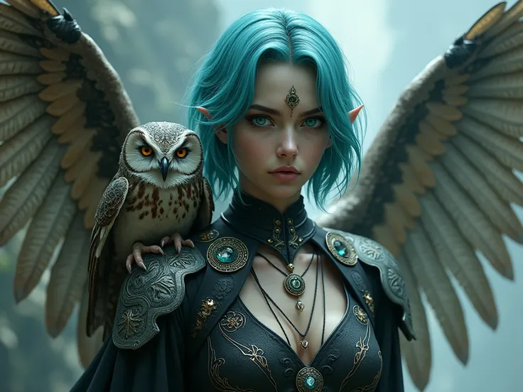 Mythical goddess with short, shoulder-length sky-blue hair, intense emerald eyes, cold and distant facial expression, light skin, average height, black warrior outfit, owl wings on back, various mythical tattoos and an owl on his left shoulder, various myt...