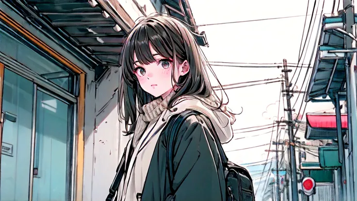 girl, long brown hair with bangs ,파란 eye, Im looking at the camera ,Blusher, wearing a black coat , Shes carrying a black backpack on her back, Flowing Hair ,,stands outside in the eye,eye, winter,eye is falling,Blizzard, background,Its bright outside , Th...