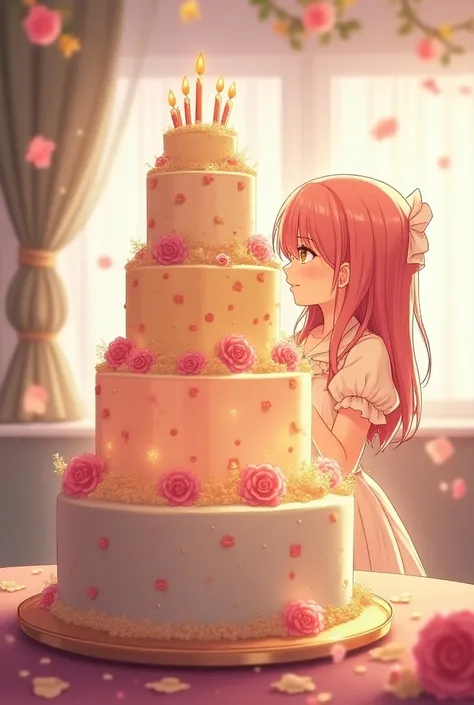 Generates an anime girl enjoying her birthday with a giant cake and her girlfriend 