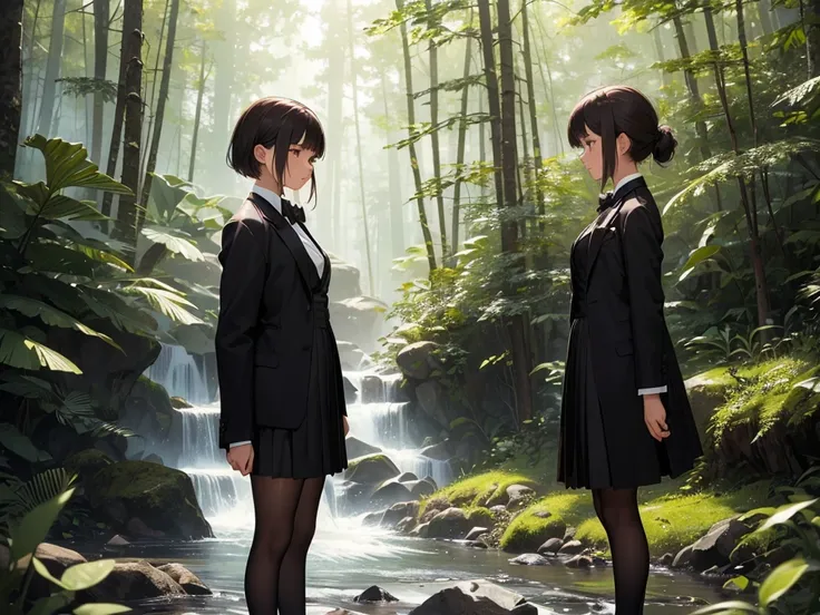 ((best quality)), ((masterpiece)), (detailed), 1girl, asian young woman, short bangs, brown hair, brown asian eyes, feminine, bowtie, black opened tuxedo jacket,medium length black dress skirt, short white socks, fancy black shoe, standing in a forest, sid...