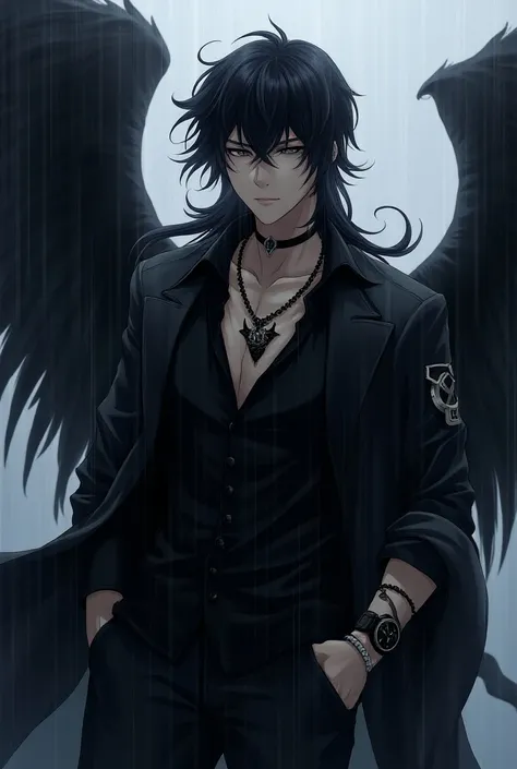 A anime hot looking boy with black long lion like hair who has left side black majestic wings and right side white majestic wings on his back in the rain wearing black shirt top 2 buttons opened a black chain on his neck that have a black white dragon atta...