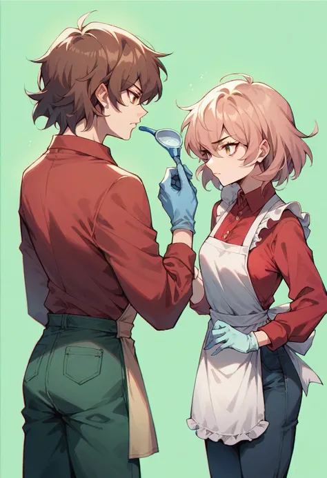 1 girl, Malina (lucky winner), ((blue surgical gloves )), (red shirt), (( long sleeves )), (apron), (pants),  looking at the spectator, Standing,  only With chromatic green background 
