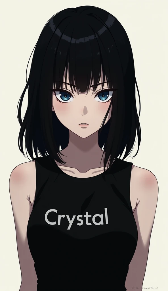 Black-haired girl with strong blue eyes with serious look in black sleeveless t-shirt with the word Crystal