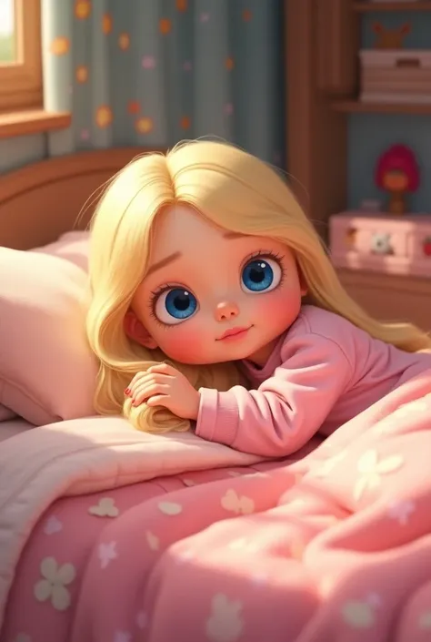 Créer image style pixar dune petite fille blonde, grands yeux bleues,  round face. long hair. Shes a young  . Shes wearing pink pajamas. Shes in a bed ,  in her s bedroom. She sleeps  