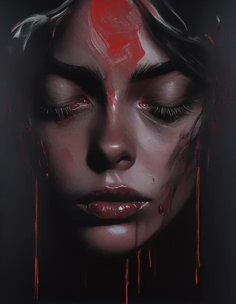 painting of close up portrait of bridgitte bardot piercing eyes staring directly at camera, fleshy  mouth bright red bloody lips, , dripping lipstick plump lips , (surreal deep black  background:1.2) of parallax space between distorted waves and line drawi...