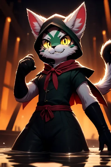 1girl, cat, anime, furry, medieval puppeteer clothes, low character height, ears down, dark green cape, dark green triangular hat with small red feather, muddy swamp color fur, a mocking grin, yellow sclera, black pupil, bent long cat whiskers, low-angle v...