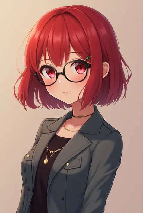 A cute and beautiful anime  girl character with short, red hair and red eyes. She wears a cute gray jacket She wears black, round, thin glasses 