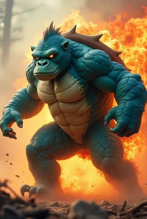 A close-up photo of a fierce hybrid animal with the body of (gorila 1) and the colors and markings of (squirtle 2), its eyes glowing with (distinctive characteristics), (type of energy) coursing through its body, and a tail of (element) on fire, moving pow...