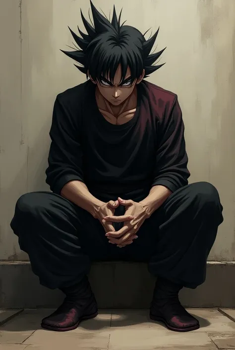 Goku Black sitting sad in front leaning against the wall with his head down In front