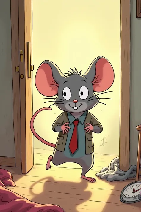 Create an image of a mouse with big gray ears, awakening, Ratico says : "¡Oh no!  Its late for work! !"  He dresses quickly and runs away!.