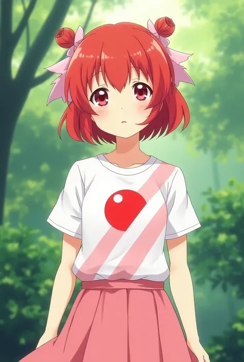 An anime-style medium shot of a girl with red hair wearing a white shirt with a red ball design. The red ball has a white stripe running from the top left to the bottom right. The girl has a pink bow on her head and wears a pink skirt. She stands in front ...