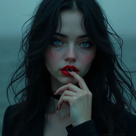 A woman with long wavy black hair dark blue eyes like the deep sea pale skin red lips shes biting her finger shes dressed in black I hope she falls