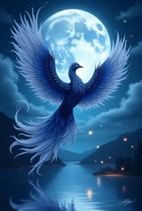 Create an image of a fantastical hybrid creature called the "Lunar Phoenix," which combines the ethereal beauty of a phoenix with the mysterious allure of the moon. The Lunar Phoenix has radiant feathers that transition from deep midnight blue at the tips ...