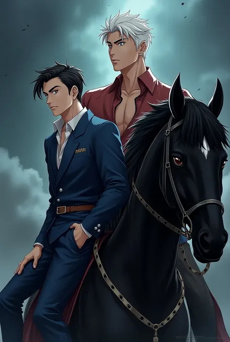 handsome Asian man without a beard anime style and young man with white hair on a black horse