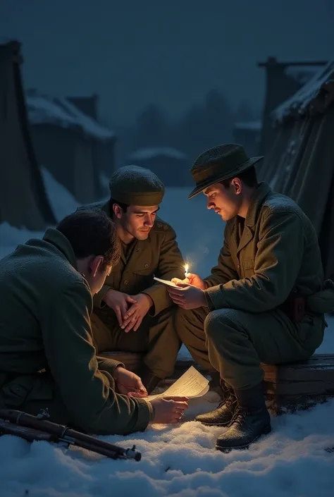 Create a picture of world war 2 british soldiers, one is sleeping on the feet of the second soldier who is smoking a ciggarette, and the third one is reading a letter from his girl. Thier rifles resting on them, its night, snowy, in a british camp