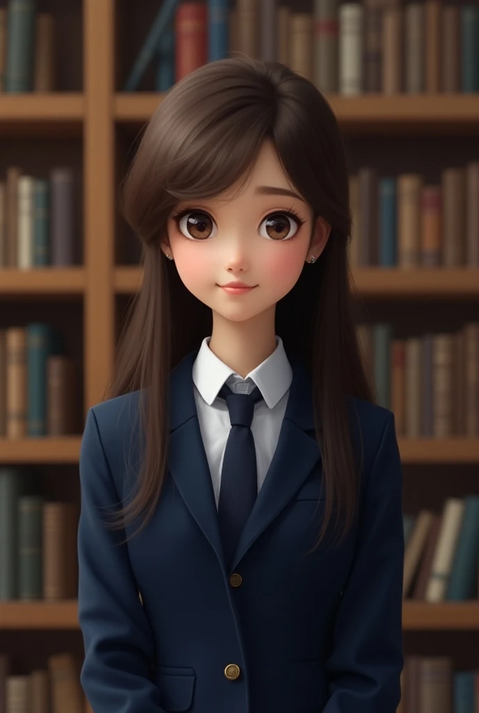 photo realistic high quality beautiful teenage girl  long straight brunette hair no fringe azure brown eyes wearing a navy blue school uniform standing in a grand library