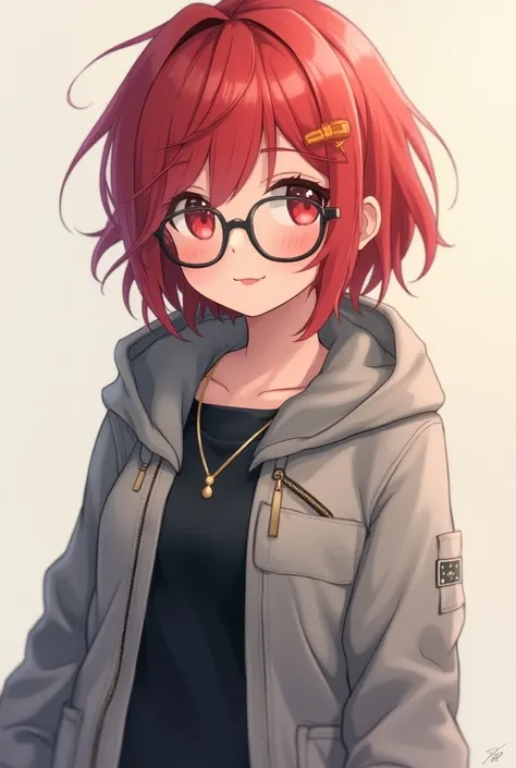 A cute and beautiful anime  girl character with short, red hair and red eyes. She wears a cute gray jacket She wears black, round, thin glasses She smiles and wears a gray and black suit She wears a hoodie And look at me 