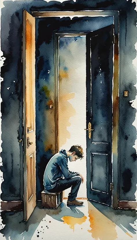 Watercolor art, half-open door, dark environment, young man sitting on the floor, head down, sad scene. Dark tones, highlighting the light entering through the door and illuminating the young, doodle style, surrealist masterpieces.