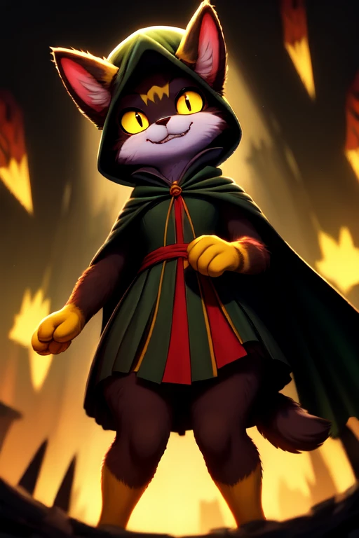 1girl, cat, anime, furry, fantoccio, medieval puppeteer clothes, low character height, ears down, dark green cape, dark green triangular hat with small red feather, muddy swamp color fur, a mocking grin, levitates in the air, yellow sclera, black pupil, be...