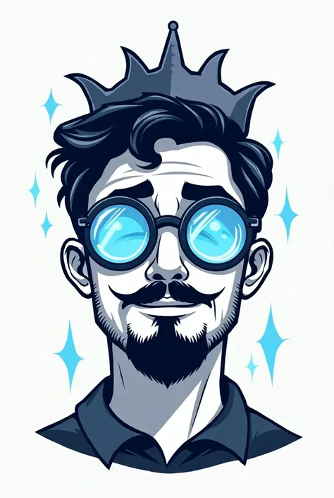 Logo of a man with short black hair and round glasses, with a crown with the letters coolman written on it, blue lights and blue rays in his eyes.