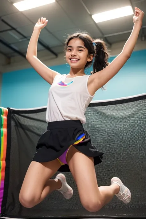 "Sri Lankan Teen girl with white face and freckles, black hair, 11yo, wearing a rainbow colored lightweight sleeveless short linen dress, white cotton panties, and wearing socks without shoes, jumping around a trampoline park, smiling proudly, her skirt fl...