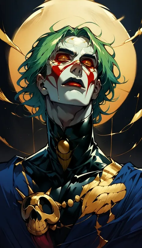 Description: The Sinister Clown is a thin Arrancar with green hair and a macabre clown hollow mask covering his face. His appearance is disturbing, and he exudes an aura of madness, 8k high definition