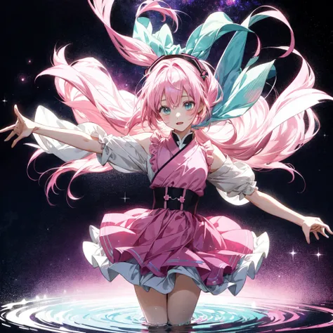 galaxy sakura miku in dark bg, pink hair, dancing on water on floor, pink hair, glowing pink hair