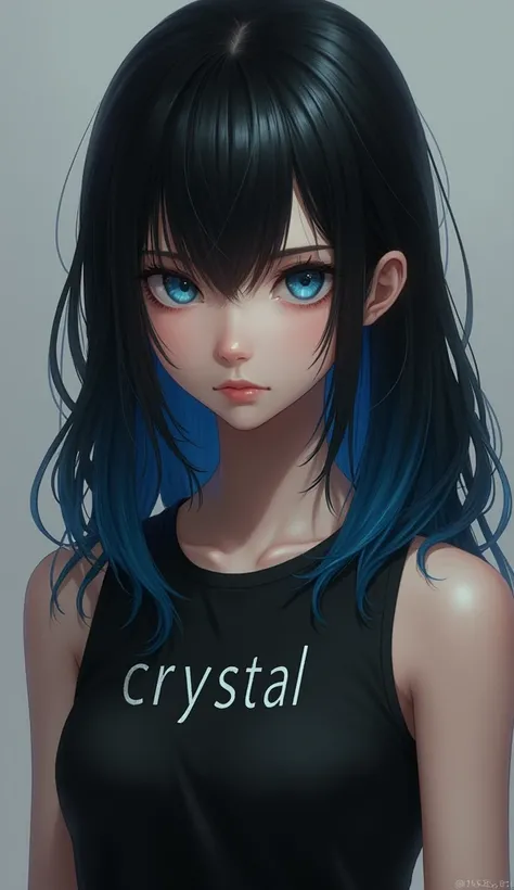 Girl with long black hair with blue tips with strong blue eyes with serious look in black sleeveless t-shirt with the word Crystal 