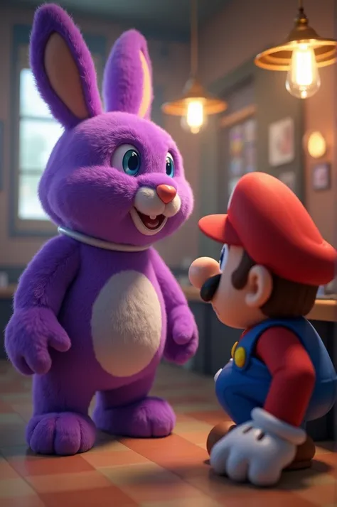 Mario sees a robotic purple Bunny in a pizzeria with luigi
Mario is scared