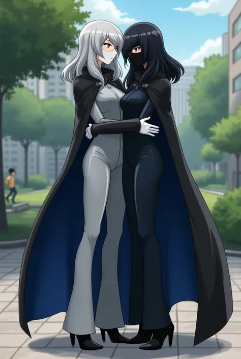 (2female, couple) faceless, mask (white face mask, black eyes/) grey hair, long hair, blue long cape, (cape covering full body/), white gloves, grey clothing bodysuit, black heels boots, wide open trousers pants, pants covered boots, used cape to covered, ...