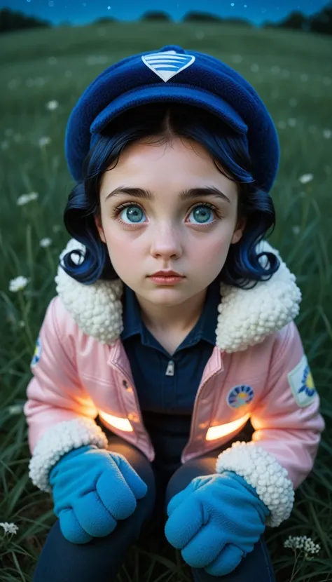 : A young girl with large eyes sitting on a grassy hill at nighttime, looking up at the night sky with a look of wonder on her face. Hyperdetailed reflections of galaxies and nebulae can be seen in her large eyes. She is wearing a blue wool cap and matchin...