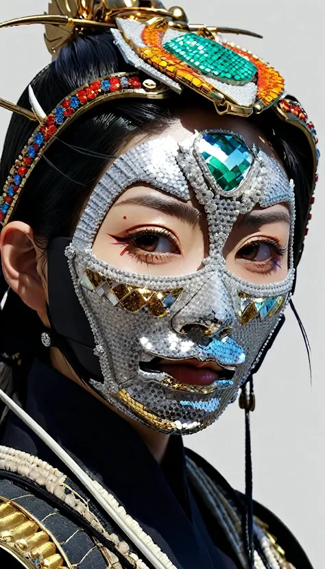 The realistic face of a Japanese biomeca women ronin with his mask and helmet made of multicolored diamond and presious rock, its realistic and detailed.