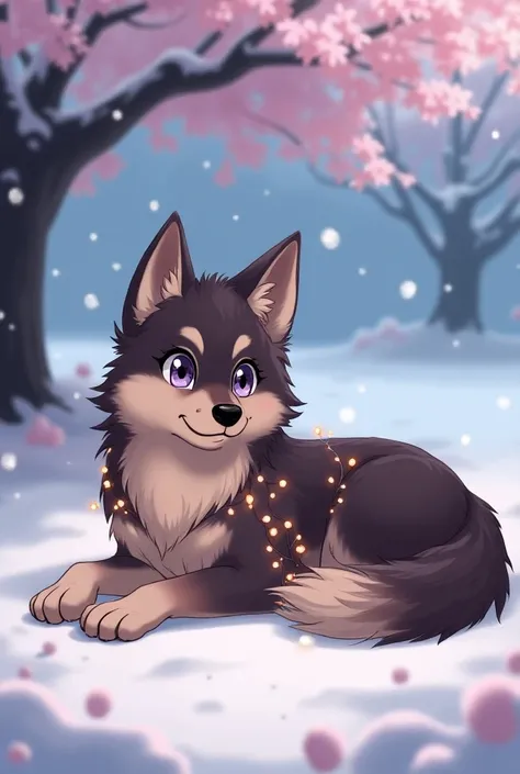  Create an anime-style picture of a noble ,  Dark brown wolf with a light brown belly ,Left light brown paw and snow in fur . His eyes are lavender in color and the wolf looks cute and lies on a snowy meadow under a snowy cherry tree in the snow, the wolf ...