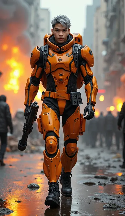 Photo of a handsome young man with Korean style hair, gray hair color. wearing an orange cyberpunk robot costume. The man is walking carrying a weapon gun very dashingly, City background, futuristic cyberpunk battle arena, destroyed buildings, fire explosi...